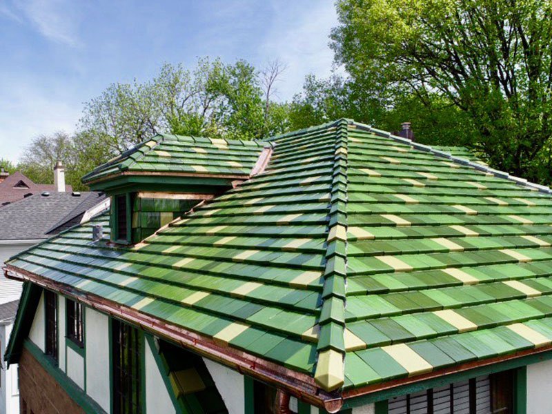 Corner detail of green Ludowici tile roof project completed by Exterior Remodel & Design in Omaha, NE