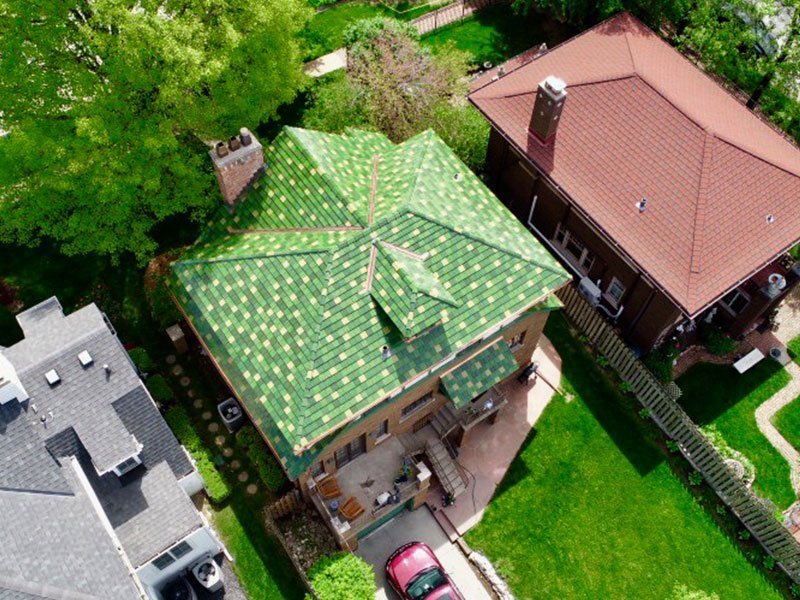 Bird's eye view of green Ludowici tile roof project completed by Exterior Remodel & Design in Omaha, NE