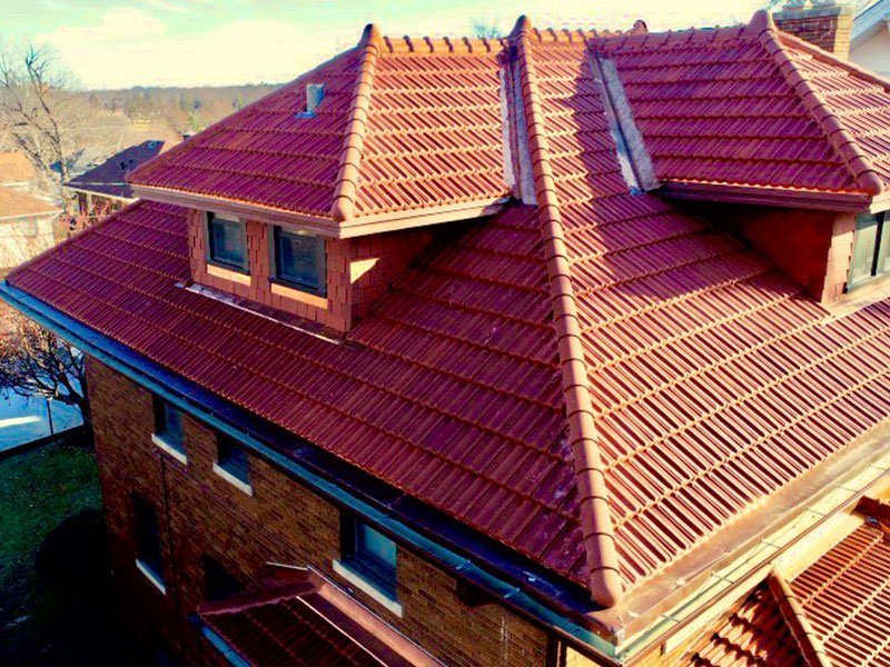 Angled corner detail of Ludowici tile roof project completed by Exterior Remodel & Design in Omaha, NE